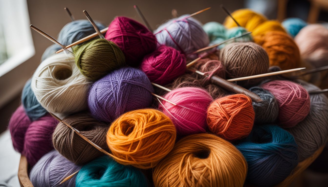 Una colorida selección de lanas y agujas de tejer en un estudio de manualidades.