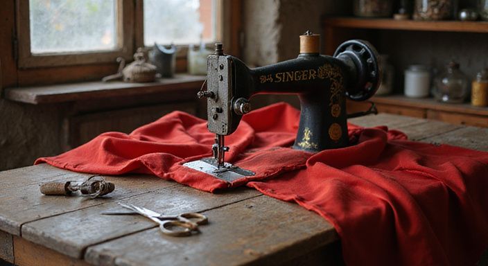 Máquina de coser antigua trabajando en un vestido de flamenco rojo.