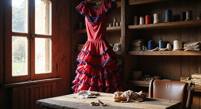 Un vestido flamenco vibrante en un taller de costura tradicional.