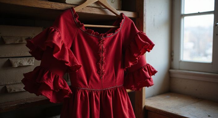 Un vestido de flamenco rojo cuelga en un armario bien cuidado.